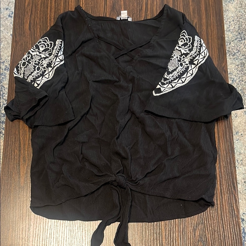 Love Fire Black and White Relaxed Tie Front Blouse